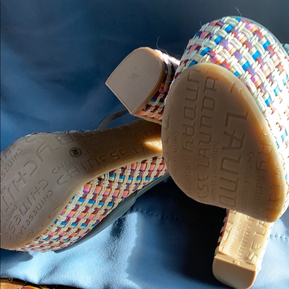 Chinese Laundry Teal Leather Platform Sandals with Multicolor Woven Heel - Picture 6 of 7